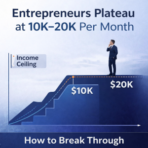 Entrepreneurs plateau at 10k 20k per month concept with financial chart flattening and growth path
